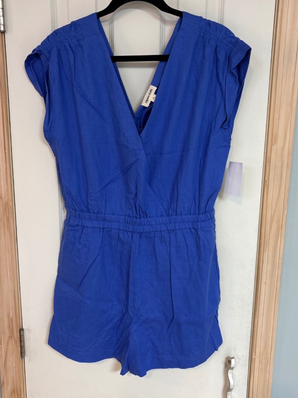 Open Edit Romper Women’s Size Med V-neck Linen Blend Blue Elastic Waist Airy NWT
